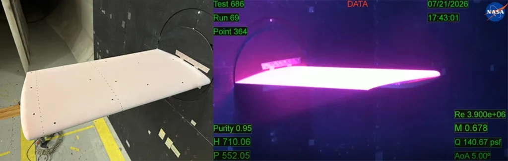 NASA Model Wing Lights Up During First Pressure Sensitive Paint Tests 1 bscw side by side image